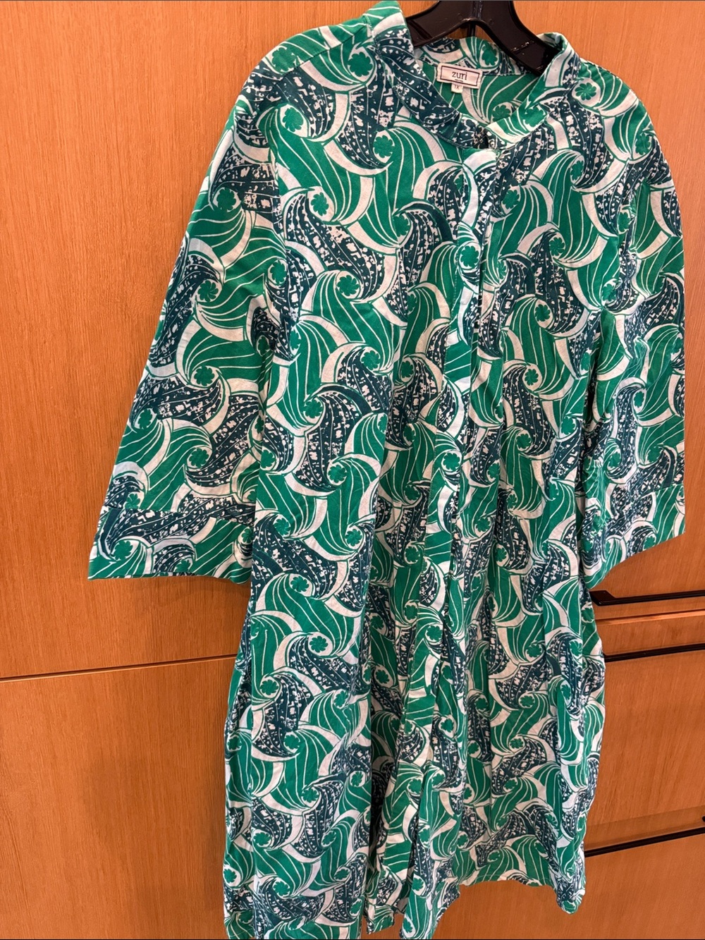 Zuri Dress in Green / Blue Colors Button Down Mock Neck 3/4 Sleeve Size 1X - Picture 2 of 7